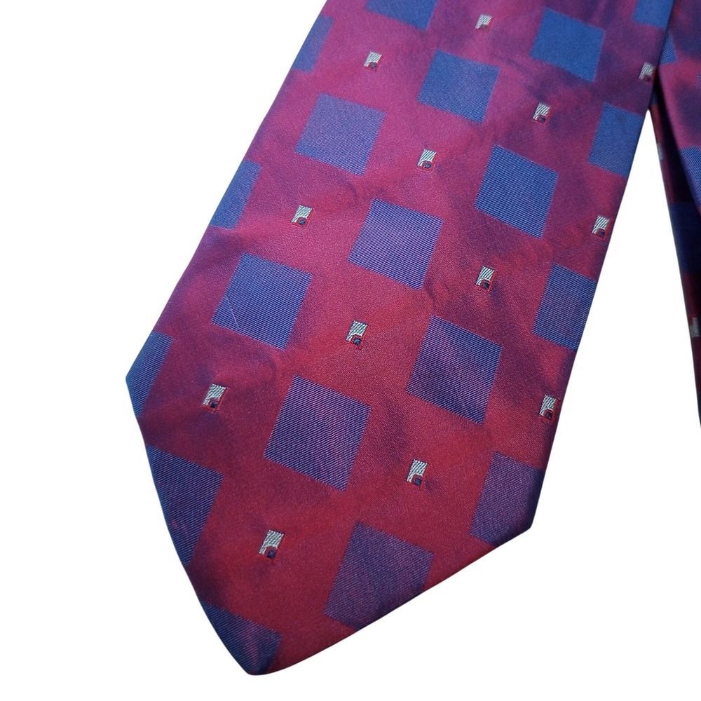 Tie Rack Mens Silk Necktie Burgundy Blue Geometric Square Made in Italy Classic